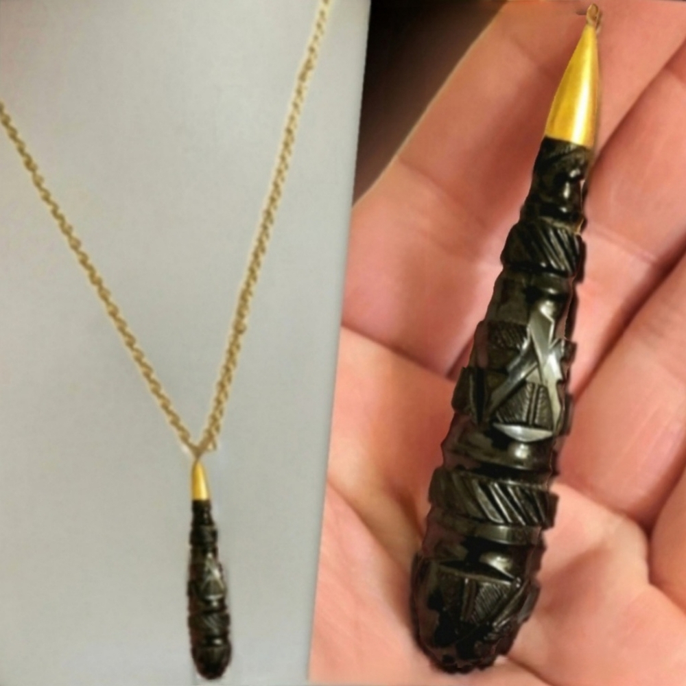 Antique 14k gold bail jet black obsidian carved Victorian drop necklace